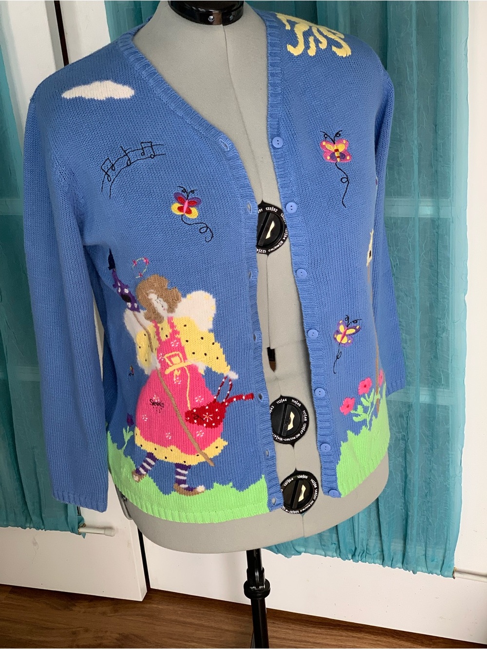 Vintage Cardigan Quacker Factory gardening angel birdhouses butterfly NWT size L